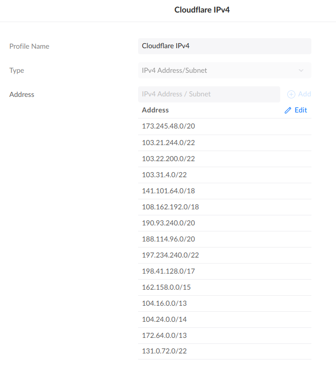 Cloudflare IP Group in Unifi Network Settings